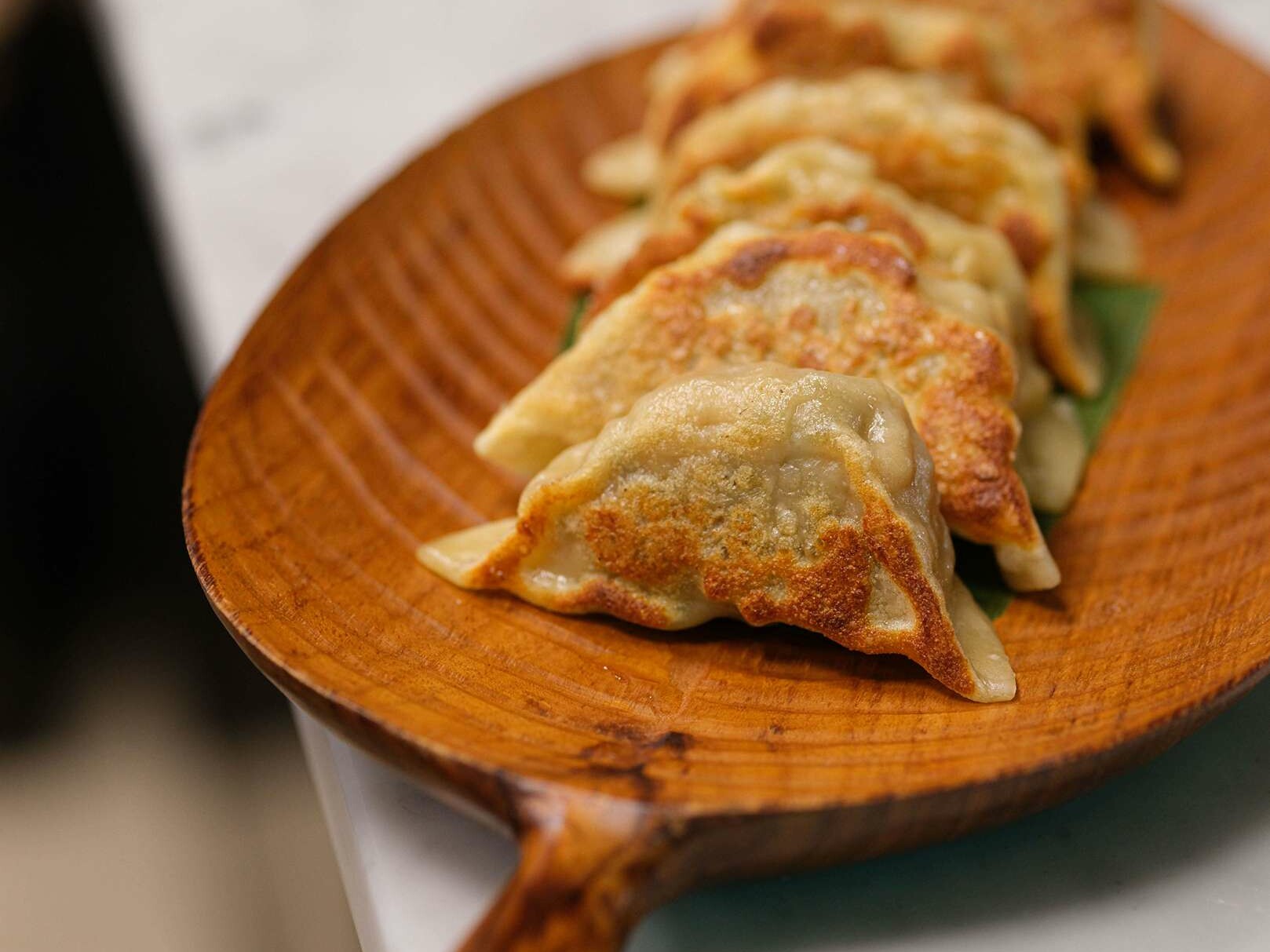 pan fried gyozas wooden plate